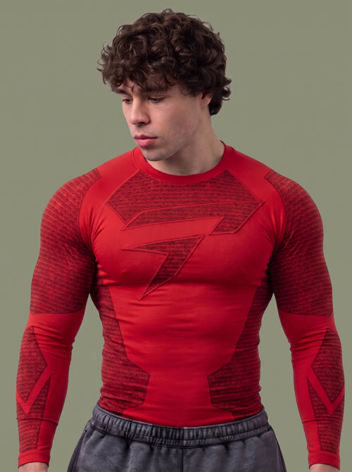 Men's Red Compression Gym Shirt – Long Sleeve Athletic Workout Top