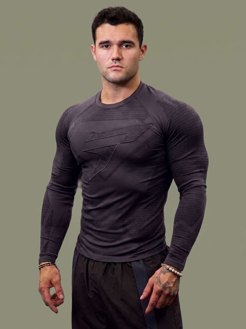 Men's Charcoal Gray Compression Gym Shirt – Long Sleeve Athletic Workout Top