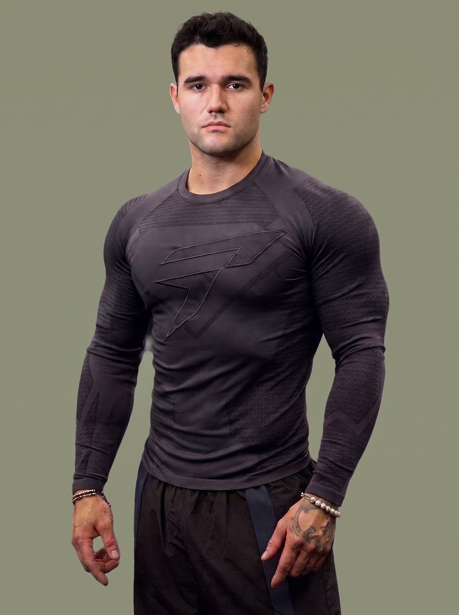 Men's Charcoal Gray Compression Gym Shirt – Long Sleeve Athletic Workout Top